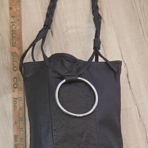 Brown Leather Shoulder Bag with Silver Ring Accent And Braided Strap